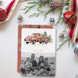 Vintager Red Farm Truck Weihnachtsbaum Foto Weiß Folien Feiertagskarte