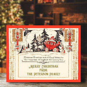 Vintager Red Gold Weihnachtssschnee Postkarte