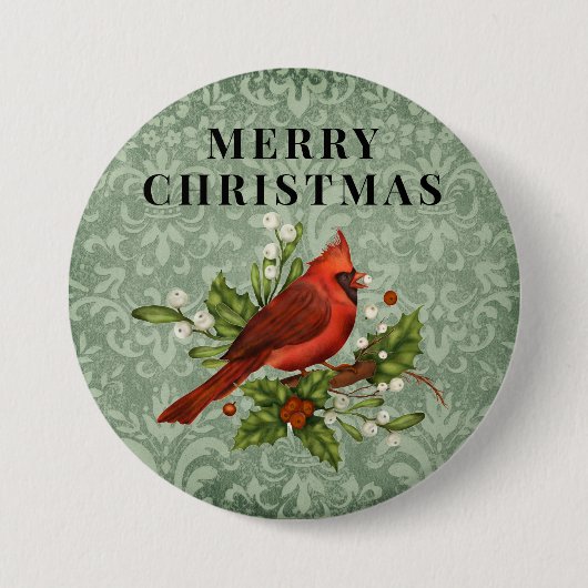 Vintager Red Kardinal Bird Frohe Weihnachten Button (Vorderseite)