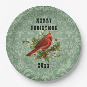 Vintager Red Kardinal Bird Frohe Weihnachten Pappteller