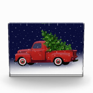 Vintager Red Lieferwagen Truck Hauling Weihnachtsb Fotoblock