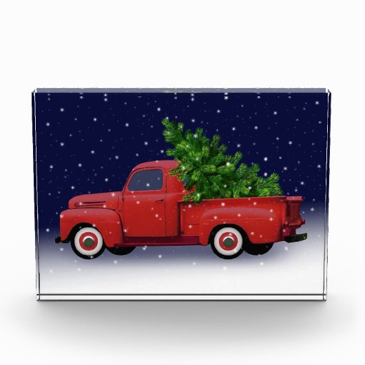 Vintager Red Lieferwagen Truck Hauling Weihnachtsb Fotoblock (Vorderseite)