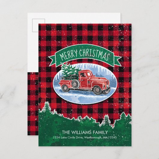 Vintager Red LKW Frohe Weihnachtsfahrt Ankündigungspostkarte (Vorne/Hinten)