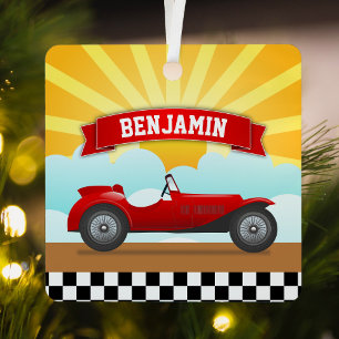 Vintager Red Race Car Personalisiert Name Kids Roo Ornament Aus Metall