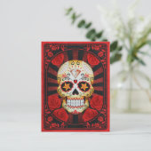 Vintager Red Sugar Skull mit Rose Poster Postkarte (Stehend Vorderseite)