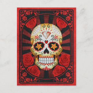 Vintager Red Sugar Skull mit Rose Poster Postkarte