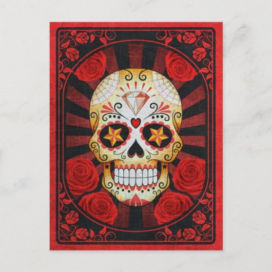 Vintager Red Sugar Skull mit Rose Poster Postkarte (Vorderseite)