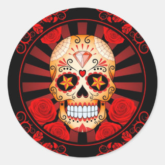 Vintager Red Sugar Skull mit Rose Poster Runder Aufkleber