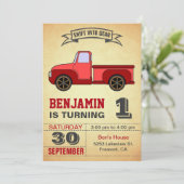 Vintager Red Truck Erster Geburtstag Einladung (Stehend Vorderseite)