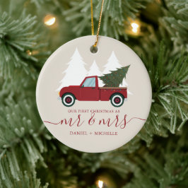 Vintager Red Truck Erster Weihnachten Verheiratet Keramik Ornament