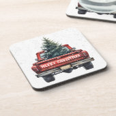 Vintager Red Truck Frohe Weihnachten Getränkeuntersetzer (Linke Seite)