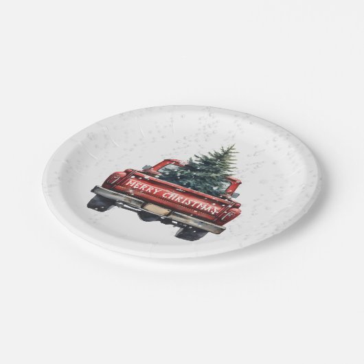 Vintager Red Truck Frohe Weihnachten Pappteller (Schrägansicht)