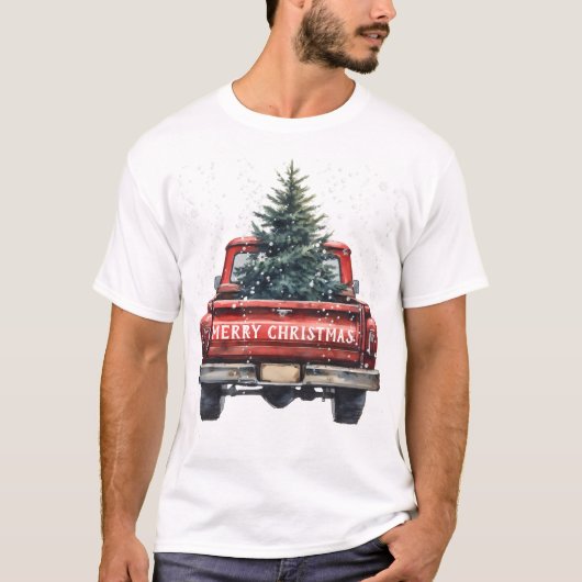 Vintager Red Truck Frohe Weihnachten T-Shirt (Vorderseite)