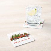 Vintager Red Truck Frohe Weihnachtsbaum Gruß Rechteckiger Pappuntersetzer (Vor Ort)