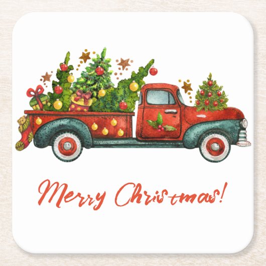 Vintager Red Truck Frohe Weihnachtsbaum Gruß Rechteckiger Pappuntersetzer (Vorderseite)