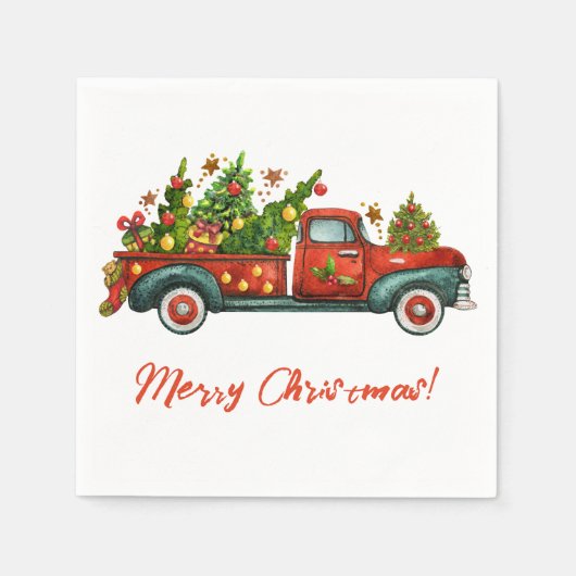 Vintager Red Truck Frohe Weihnachtsbaum Gruß Serviette (Vorderseite)
