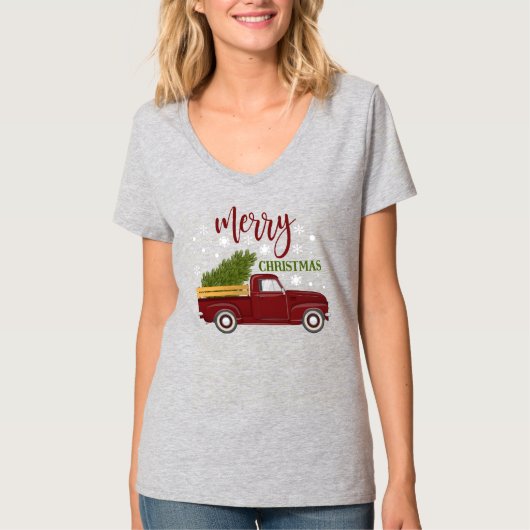 Vintager Red Truck Frohe Weihnachtsbaum Retro T-Shirt (Vorderseite)