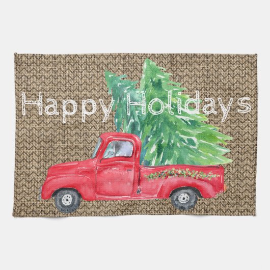 Vintager Red Truck Happy Holidays Geschirrtuch (Horizontal)