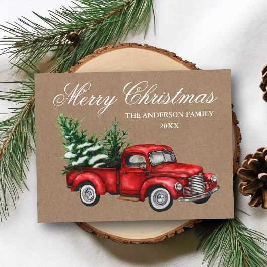 Vintager Red Truck Kraft Frohe Weihnachten Postkarte