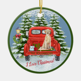Vintager Red Truck Labrador Retriever Snow Familie Keramik Ornament