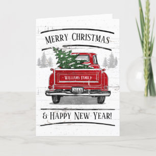 Vintager Red Truck mit dem Namen der Familie Chris Feiertagskarte