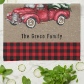 Vintager Red Truck mit Karierter Weihnachtsbaumfam Geschirrtuch (Gefaltet)