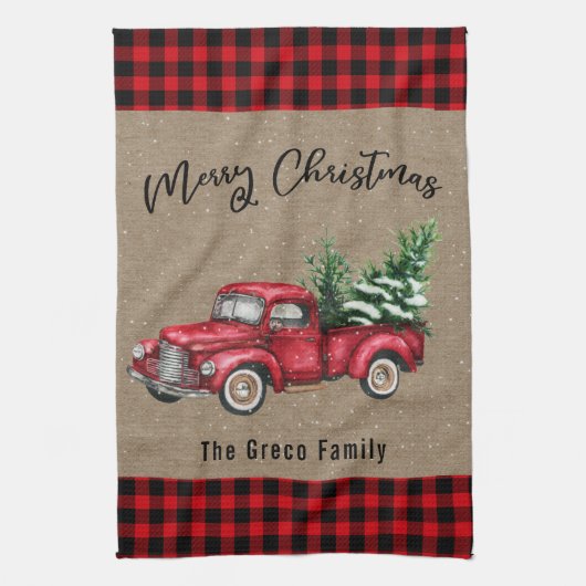Vintager Red Truck mit Karierter Weihnachtsbaumfam Geschirrtuch (Vertikal)