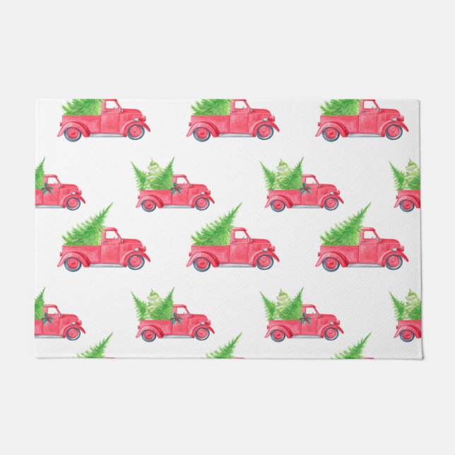 Vintager Red Truck mit Weihnachtsbaum Fußmatte (Vorderseite)