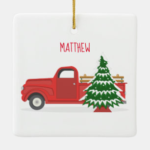 Vintager Red Truck mit Weihnachtsbaum Keramikornament