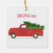 Vintager Red Truck mit Weihnachtsbaum Keramikornament (Vorderseite)
