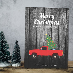 Vintager Red Truck Rustikales Holz Frohe Weihnacht Feiertagskarte