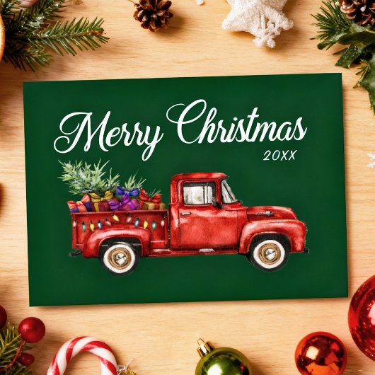 Vintager Red Truck Tree Geschenke Frohe Weihnachte Postkarte