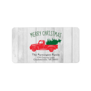 Vintager Red Truck & Tree White Wood Gift Tag Adressaufkleber