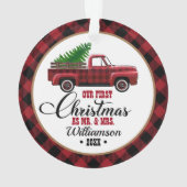 Vintager Red Truck Unser 1. Weihnachtsfest Ornament (Rückseite)