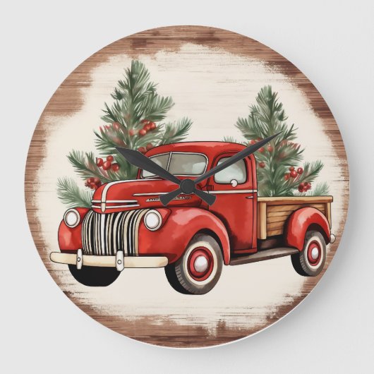Vintager Red Truck Weihnachten Große Wanduhr (Vorderseite)