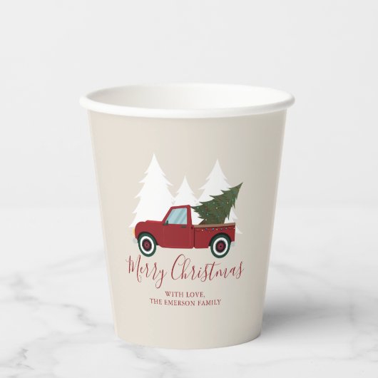 Vintager Red Truck Weihnachten Pappbecher (Vorderseite)