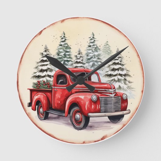 Vintager Red Truck Weihnachten Runde Wanduhr (Vorderseite)