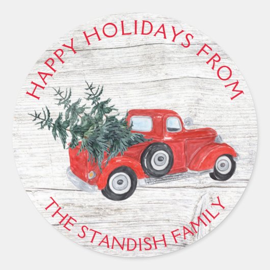Vintager Red Truck Weihnachtsbaum Barnholz Runder Aufkleber (Vorderseite)