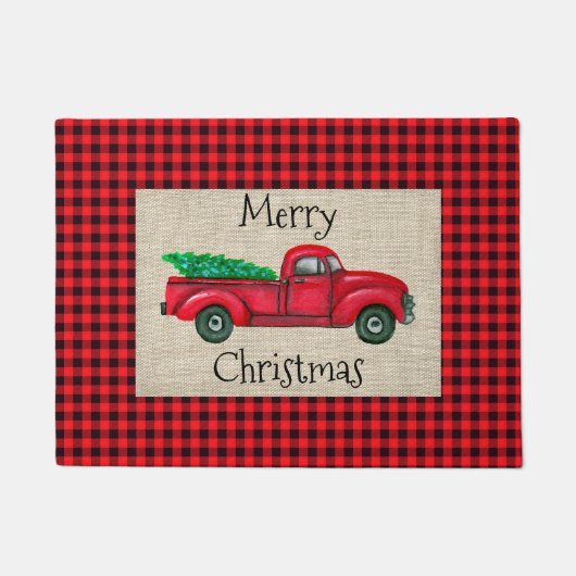 Vintager Red Truck Weihnachtsbaum Kariert Doormat Fußmatte (Vorderseite)