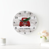Vintager Red Truck Weihnachtsbaum Rustikale Holzru Große Wanduhr (Zuhause)