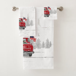 Vintager Red Truck Weihnachtsbaum Rustikaler Name Badhandtuch Set