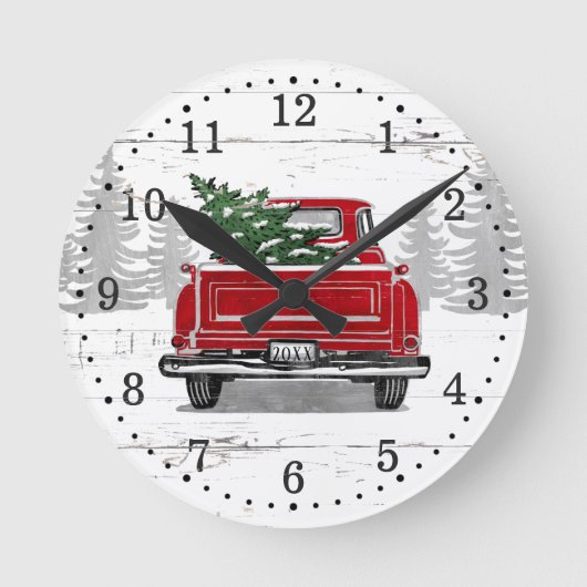 Vintager Red Truck Weihnachtsbaum Rustikales Holz Runde Wanduhr (Vorderseite)