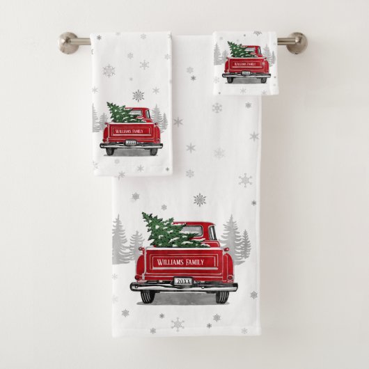 Vintager Red Truck Weihnachtsbaum Schneeflocken Na Badhandtuch Set (Insitu)