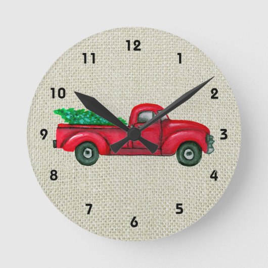 Vintager Red Truck Weihnachtsbaum-Uhr Runde Wanduhr (Vorderseite)