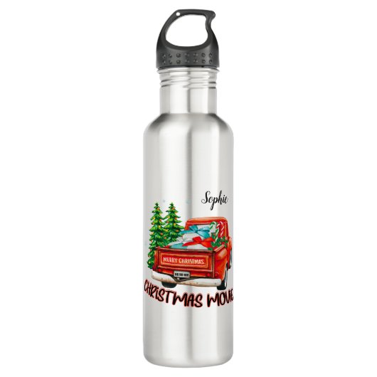 Vintager Red Truck Weihnachtsfilm Edelstahlflasche (Vorderseite)