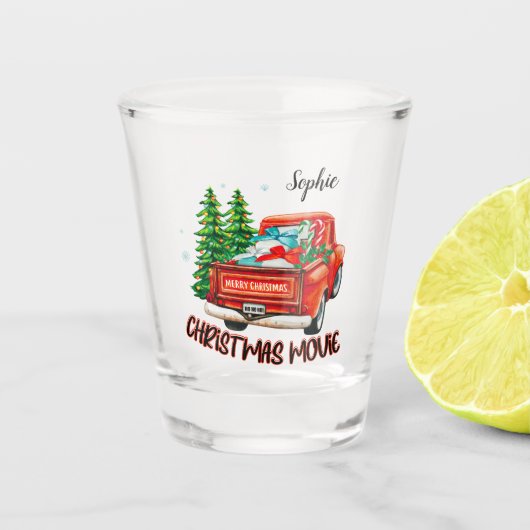 Vintager Red Truck Weihnachtsfilm Schnapsglas (Vorderseite)
