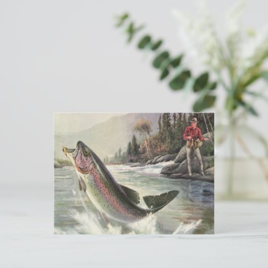 Vintager Regenbogenforellenfisch, Fischfang Postkarte (Stehend Vorderseite)