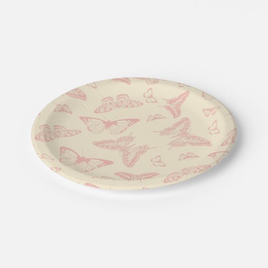 Vintager reizender rosa Schmetterling Pappteller (Schrägansicht)