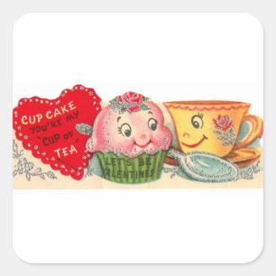 Vintager Retro Kuchen-und Teacupvalentines Tag Quadratischer Aufkleber
