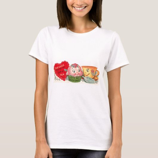 Vintager Retro Kuchen-und Teacupvalentines Tag T-Shirt (Vorderseite)